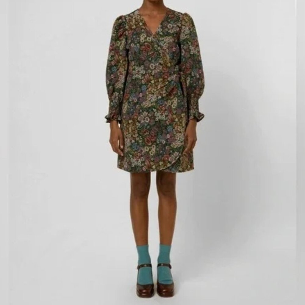 Frnch Bakhta Floral Tapestry Mini Wrap Dress XS Long Sleeve  Purple Green